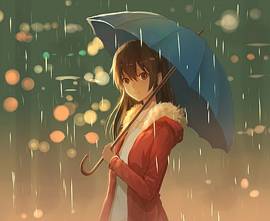 أنيمي ، فتيات الأنمي ، مظلة ، مطر ، شعر طويل، خلفية HD HD wallpaper