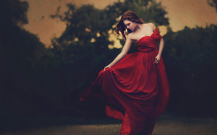 Красива червена рокля момиче, здрач, красива, червена, рокля, момиче, здрач, HD тапет