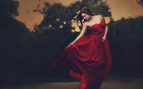 Belle robe rouge fille, crépuscule, Belle, Rouge, Robe, Fille, Crépuscule, Fond d'écran HD HD wallpaper