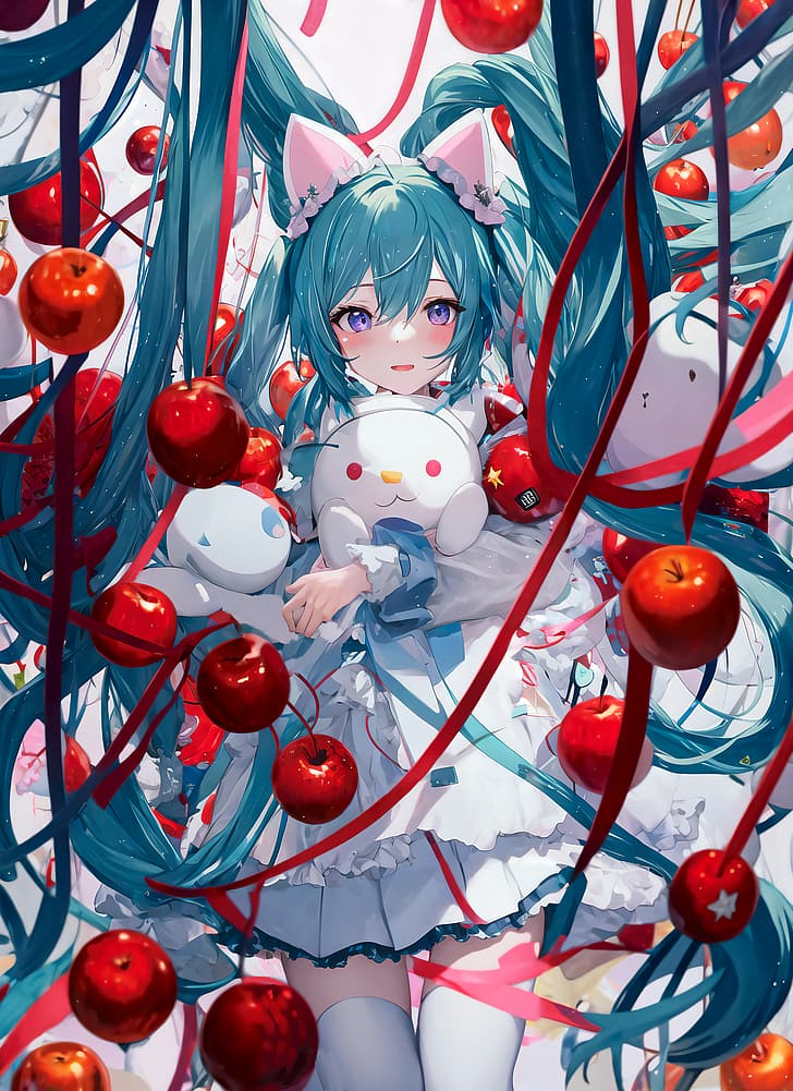 anime girls, AI art, Hatsune Miku, apples, HD wallpaper