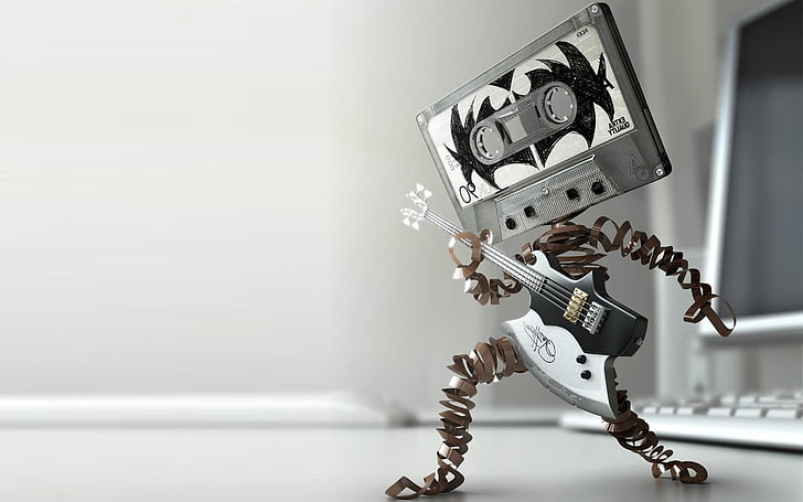 Ilustración de cinta de cassette en blanco y negro, humor, minimalismo, arte digital, guitarra, cassete de audio, instrumento musical, robot, render, Fondo de pantalla HD