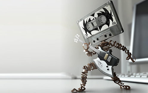 ilustrasi kaset hitam dan putih, humor, minimalis, seni digital, gitar, kaset audio, alat musik, robot, render, Wallpaper HD HD wallpaper