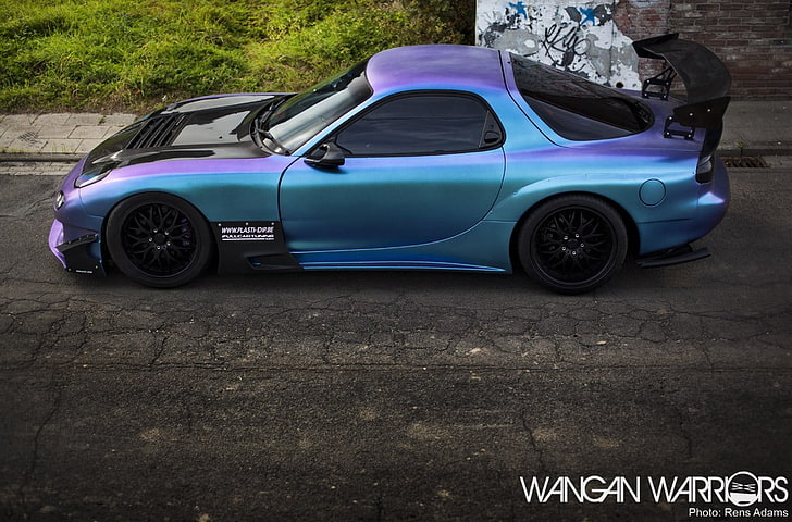blue and purple convertible fastback car, rx7, Mazda, Wangan Warriors, Mazda RX-7, car, HD wallpaper