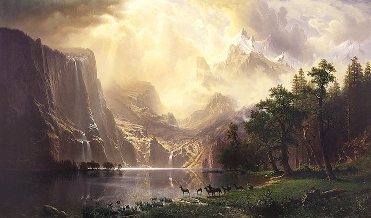 body of water near mountain and trees painting, landscape photo of lake between mountain and trees painting, landscape, lake, mountains, waterfall, animals, snow, trees, fantasy art, nature, Albert Bierstadt, artwork, deer, HD wallpaper