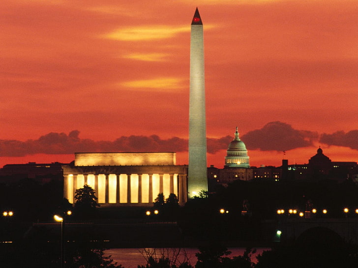 Вашингтон, окръг Колумбия, паметник, Обелиск, град, сграда, здрач, HD тапет