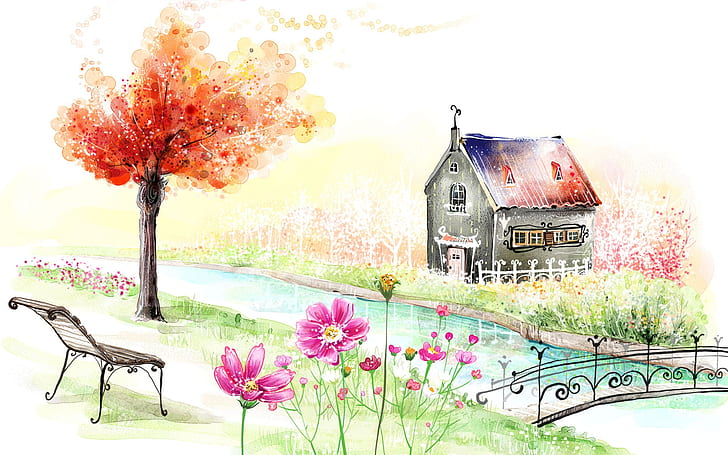 منزل حديقة الربيع لوحة جميلة ، ربيع ، حديقة ، منزل ، جميل ، لوحة، خلفية HD