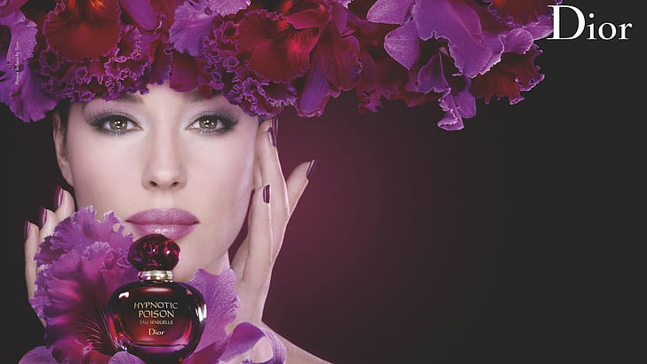 Monica Bellucci, commercial, portrait, flowers, advertisements, Dior, HD wallpaper