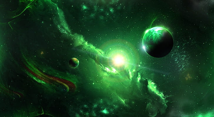 Fi Sci, Nebula, Hijau, Planet, Luar Angkasa, Wallpaper HD