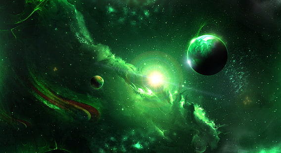 サイエンスフィクション、星雲、緑、惑星、宇宙、 HDデスクトップの壁紙 HD wallpaper