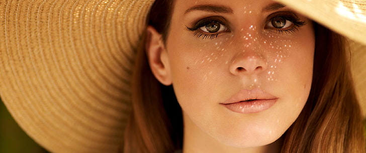 kobiety, słomkowy kapelusz, usta, Lana Del Rey, rudowłosa, piwne oczy, patrząc na widza, nakrapiane słońce, piosenkarka, Tapety HD