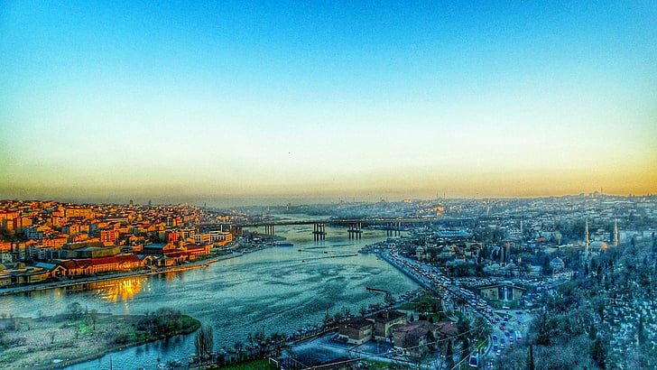 instanbul, turcja, rzeka, miasto, budynki, krajobraz, pejzaż miejski, horyzont, poranek, panorama, świt, panorama, Tapety HD
