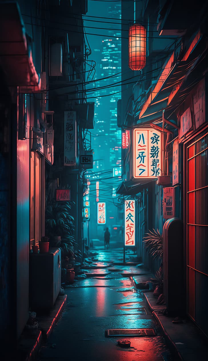AI art, illustration, colorful, vertical, portrait display, Japan, Small Alley, street, neon, signs, cyberpunk, HD wallpaper