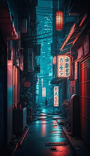 Seni AI, ilustrasi, penuh warna, vertikal, tampilan potret, Jepang, Gang Kecil, jalan, neon, tanda, cyberpunk, Wallpaper HD HD wallpaper