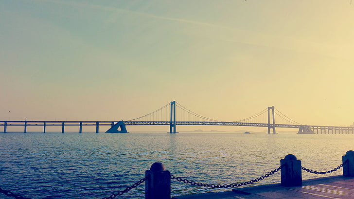الجسر المعلق ، الصين ، داليان ، الجسر ، الخليج ، البحر، خلفية HD