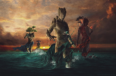 carta da parati digitale di quattro elementi personaggi, fantasy art, acqua, fuoco, tramonto, elementi, arte digitale, terra, aria, Sfondo HD HD wallpaper