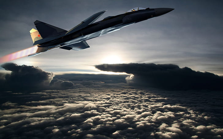 Aviões de caça voando fora das nuvens, lutador, aeronaves, voando, nuvens, HD papel de parede