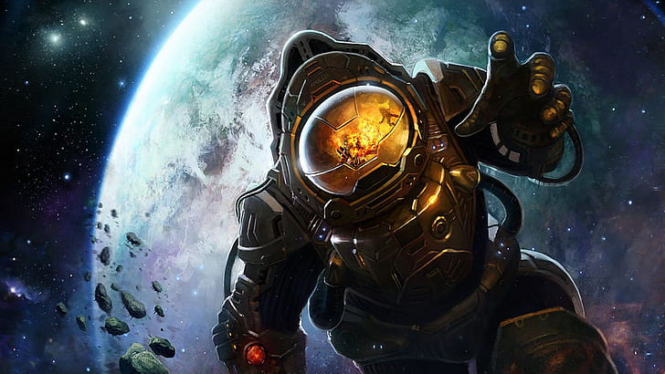 Космонавт в космосе Земля на заднем плане Взрыв Плавающая планета Метеоры В космическом искусстве Скачать обои для рабочего стола Digital Hd, HD обои