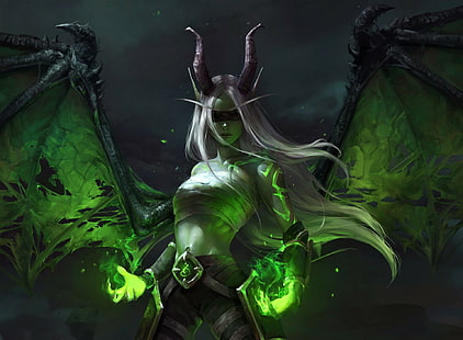 خيال ، شيطان ، فتاة ، أخضر ، قرون ، شعر أبيض ، أجنحة ، امرأة، خلفية HD HD wallpaper