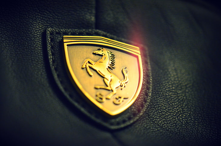 gold Ferrari emblem, macro, gold, logo, leather, Ferrari, HD wallpaper