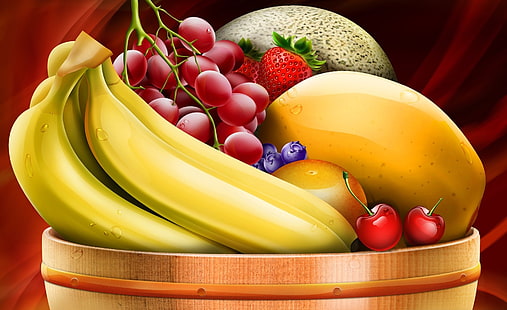 Frutta HD Wallpaper, illustrazione di frutta assortita, cibi e bevande, ciliegia, fragola, frutta, banane, uva, Sfondo HD HD wallpaper