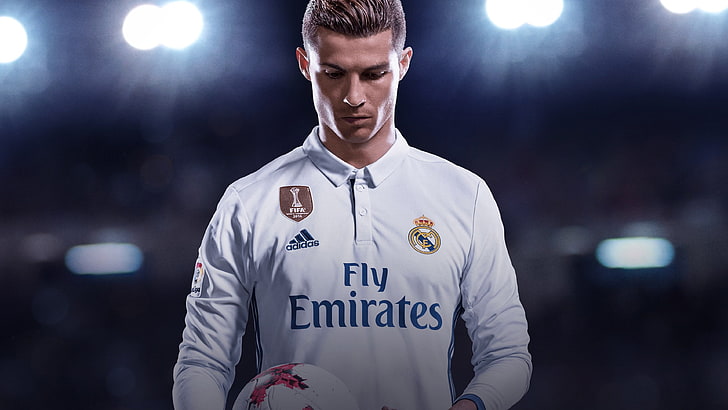 Cristiano Ronaldo, Cristiano Ronaldo, Real Madrid, FIFA 18, palla, uomini, Adidas, FIFA, Sfondo HD