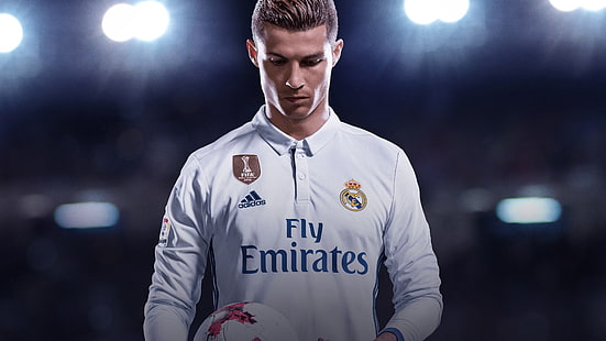 Cristiano Ronaldo, Cristiano Ronaldo, Real Madrid, FIFA 18, bola, pria, Adidas, FIFA, Wallpaper HD HD wallpaper