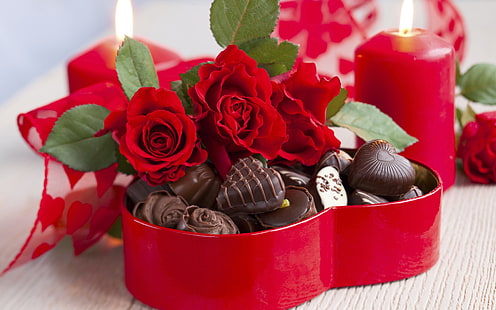 Bouquet de fleurs de rose, bonbons, chocolat, rose, fleurs, bouquet, bonbons, chocolat, Fond d'écran HD HD wallpaper