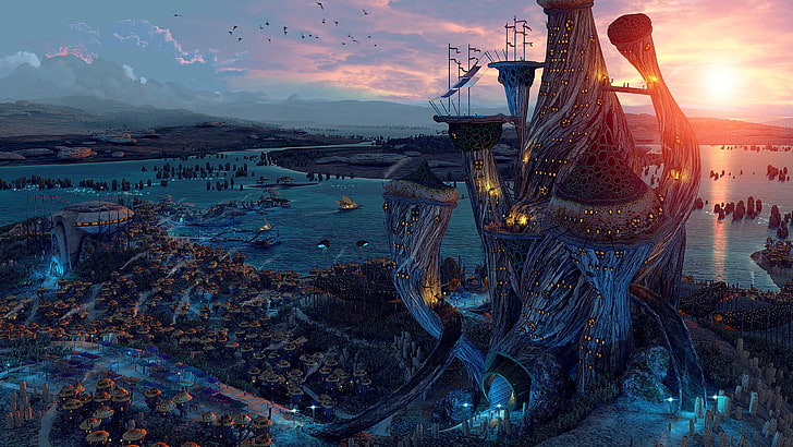 дерево дом 3D обои, фэнтези арт, цифровое искусство, закат, река, The Elder Scrolls III: Morrowind, видеоигры, фэнтези-сити, HD обои