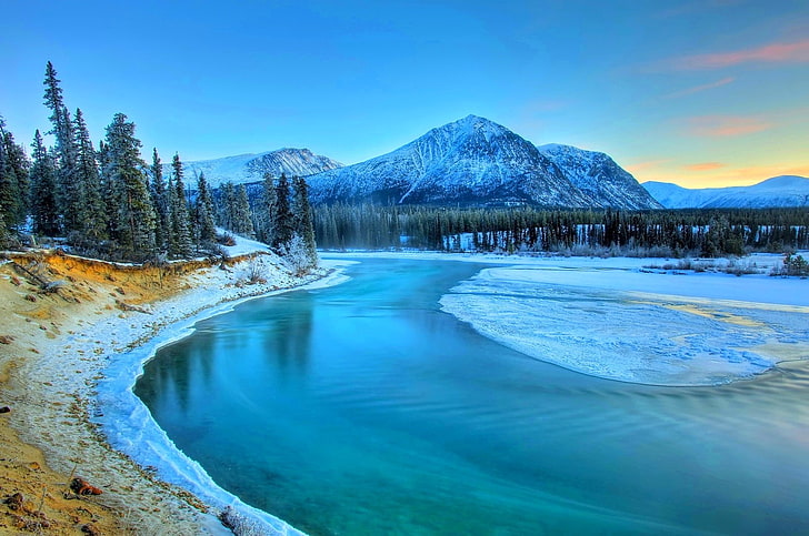 sungai, musim gugur, Kanada, salju, alam, gunung, hutan, lanskap, air, es, Wallpaper HD