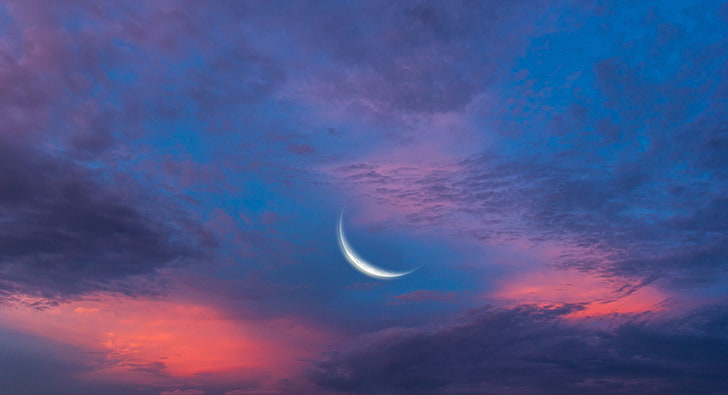 белый полумесяц обои, небо, облака, природа, фон, розовый, голубой, широкоформатные, обои, луна, месяц, вечер, полноэкранные, HD обои, полумесяц, полноэкранные, HD обои
