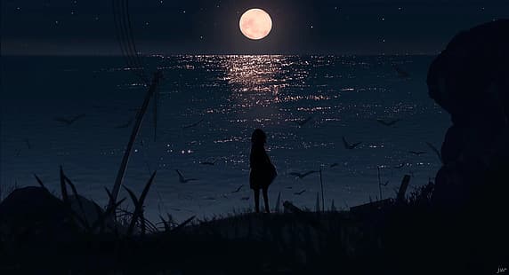 بنات أنيمي ، البحر ، القمر ، صورة ظلية ، العشب، خلفية HD HD wallpaper