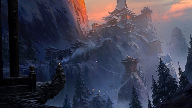 Fantasy, Temple, Buddhist Temple, Landscape, Snow, HD wallpaper