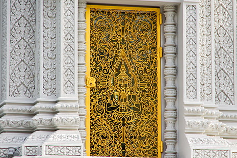 ворота из желтого металла, камбоджа, дверь, индуизм, боги, азиатская архитектура, HD обои HD wallpaper