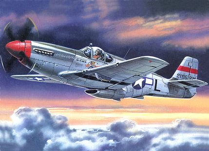 the sky, clouds, the plane, figure, art, American, WW2, P-51S, 