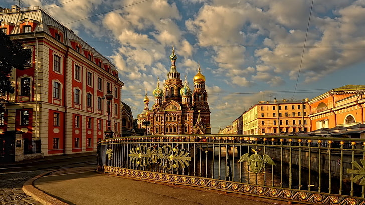 Cathédrale Saint-Basile, Russie, Saint-Pétersbourg, église, pont, bâtiment, rue, Fond d'écran HD