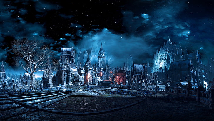 замък със сини духове, Dark Souls, Dark Souls III, нощ, видео игри, HD тапет
