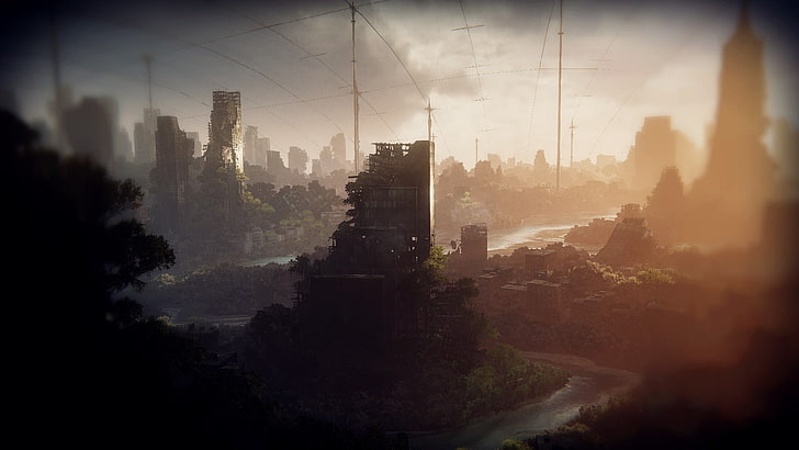 czarne wieżowce, zdjęcie z drona zrujnowanego budynku, gry wideo, ruiny, miasto, opuszczone, pejzaż miejski, Crysis 3, Tapety HD