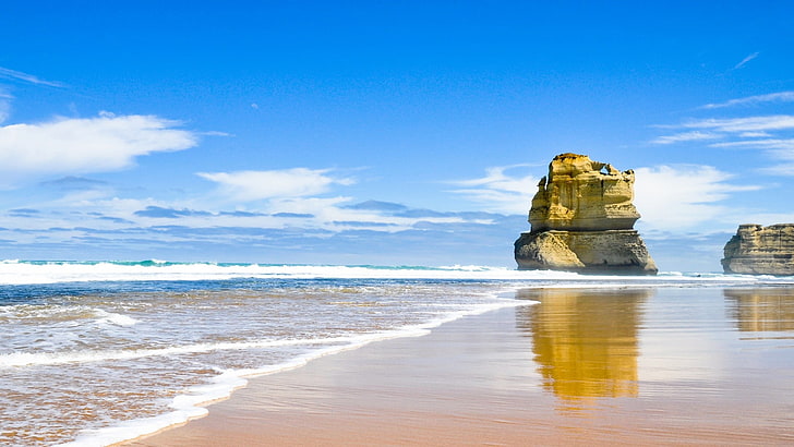seashore, beach, sea, rock formation, Australia, waves, coast, HD wallpaper