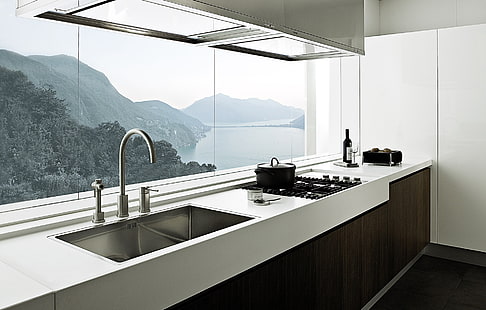 gray faucet, kitchen furniture, sink, table, interior, HD wallpaper HD wallpaper