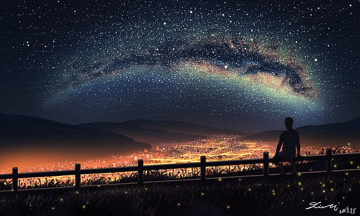 anime boy, scenic, landscape, cityscape, night, stars, sky, light, sitting, Anime, HD wallpaper
