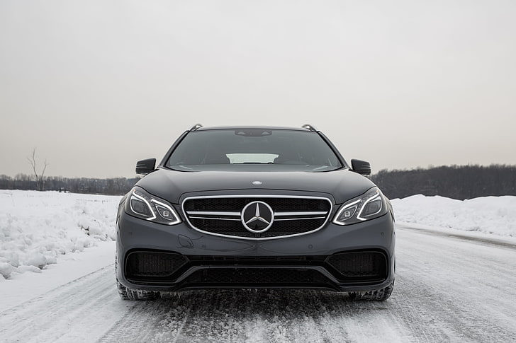 black Mercedes-Benz car, Winter, Snow, Mercedes, E63 AMG, S-Model, 4Matic, HD wallpaper