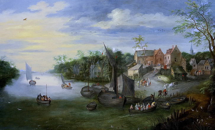 사람, 보트, 집, 사진, Jan Brueghel 더 어린, 마을 전망이있는 강 풍경, HD 배경 화면