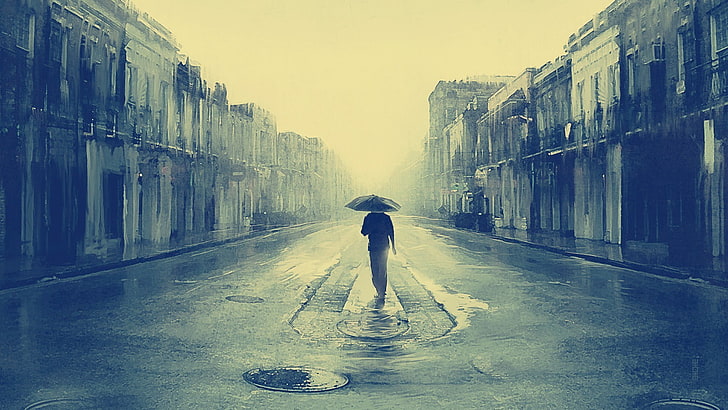 человек, идущий по улице, держит зонт обои, одиночество, фильтр, произведения искусства, улица, дождь, зонт, городской пейзаж, HD обои