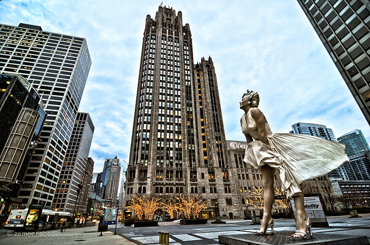 Marilyn Monroe statue, skyscrapers, Chicago, Marilyn Monroe, Il, HD wallpaper