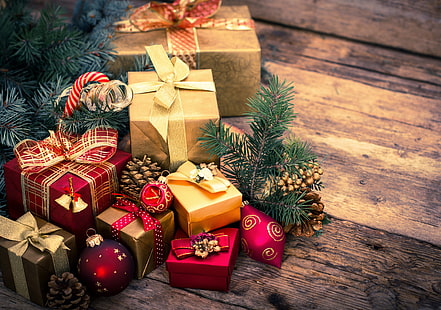 scatole regalo in colori assortiti, decorazioni, giocattoli, albero, regali, fiocco, Natale, inverno, scatola, Capodanno, Sfondo HD HD wallpaper