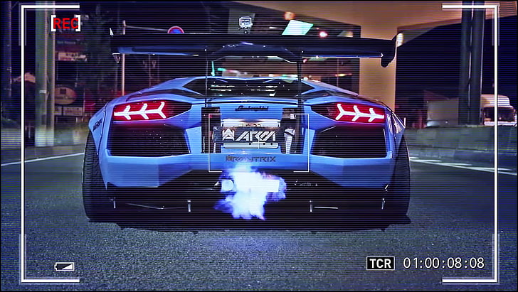 Lamborghini Aventador, samochód, niebieskie płomienie, aparat fotograficzny, noc, pejzaż miejski, Liberty Walk, Tapety HD