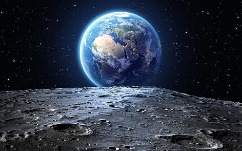 Земя, 3D, Луна, космос, звезди, HD тапет HD wallpaper