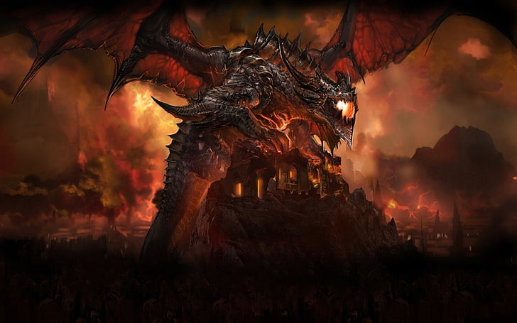 wallpaper digital naga merah, Warcraft, World Of Warcraft: Cataclysm, Dragon, Wallpaper HD