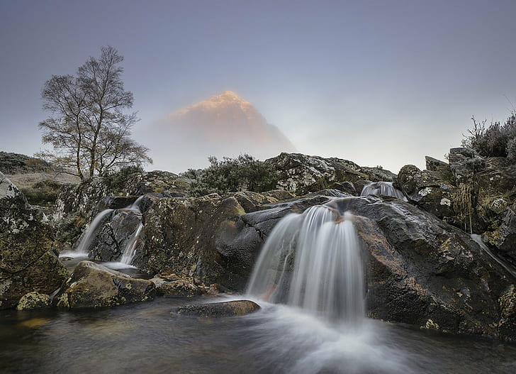 timelapse photography of waterfall at daytime, Zen, Buachaille Etive Mor, timelapse photography, waterfall, daytime, landscape, mountain, Scotland, highlands, Glencoe, Rannoch Moor, frost, fog, sunrise, nature, river, water, scenics, outdoors, beauty In Nature, stream, rock - Object, forest, HD wallpaper