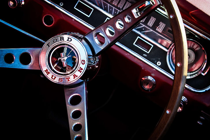 classic car, ford mustang, mustang dash, red car interior, sports car, steering wheel, HD wallpaper